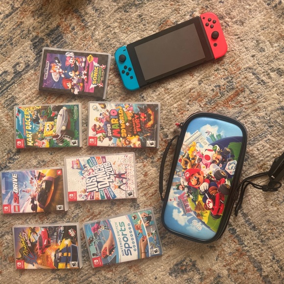 Nintendo Switch with Neon Blue & Neon Red Joy-Con and Mario Carry Case
